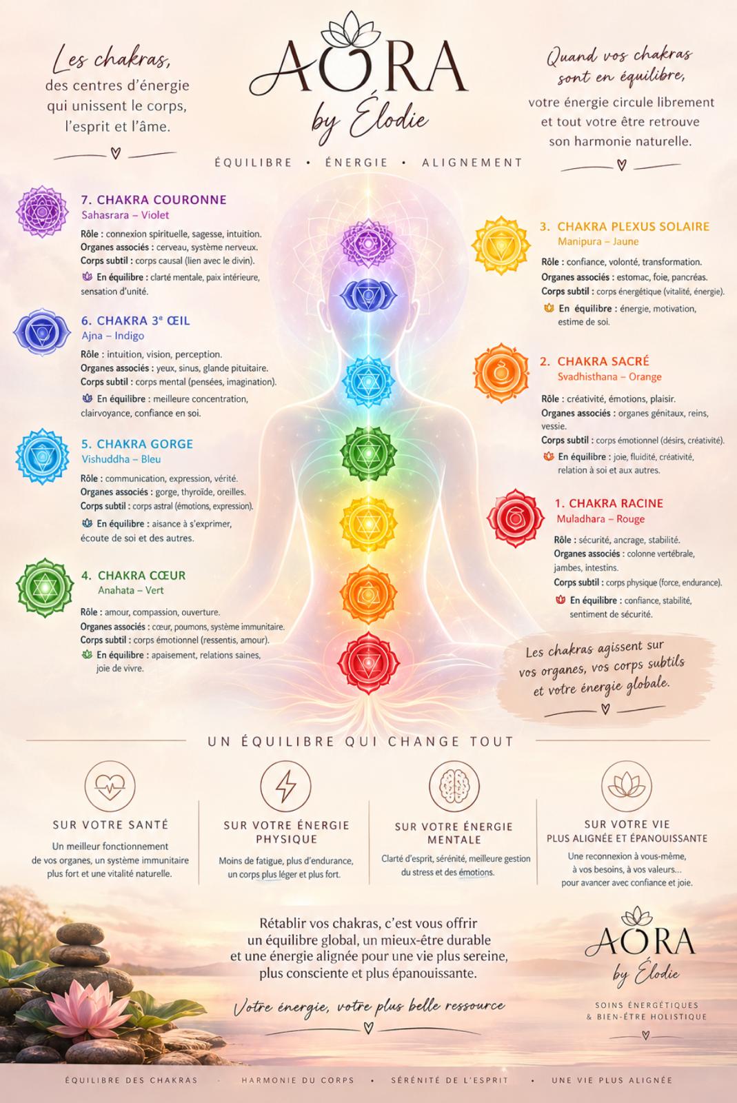 Planche AORA by Élodie présentant les sept chakras et leur symbolique