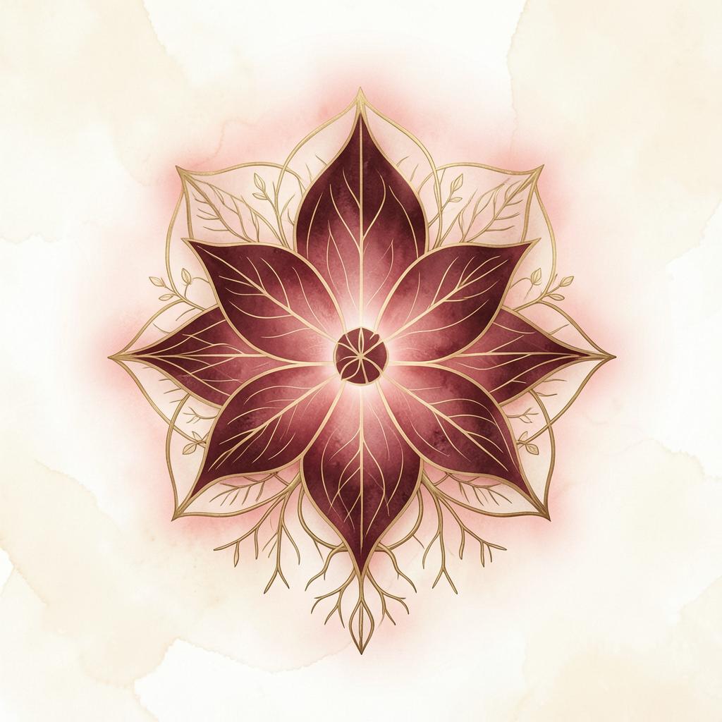 Illustration rouge et dorée du chakra racine, racines et symbole traditionnel