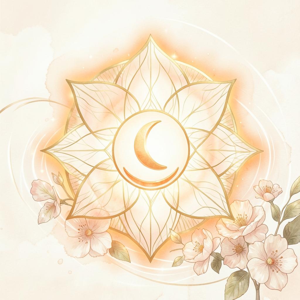 Illustration orange et dorée du chakra sacré, eau, fleurs et symbole traditionnel
