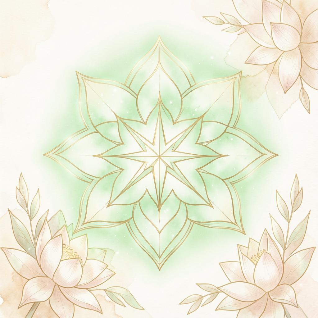 Illustration verte et dorée du chakra cœur, lotus et symbole traditionnel