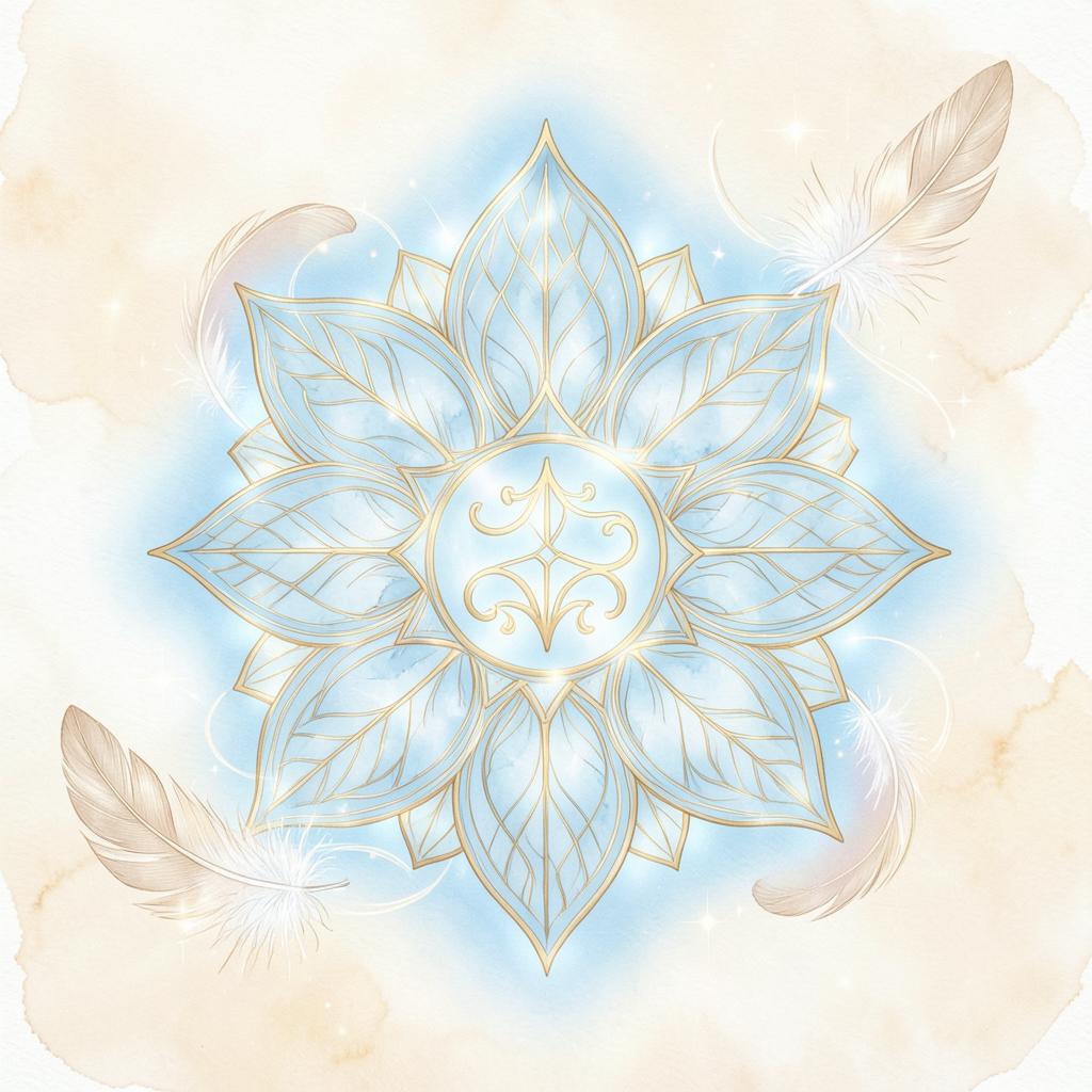 Illustration bleue et dorée du chakra gorge, souffle et symbole traditionnel