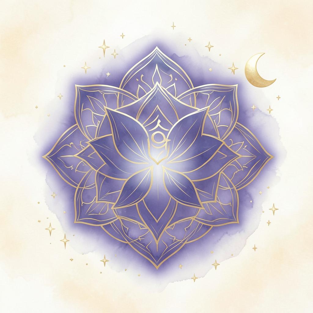 Illustration indigo et dorée du troisième œil, lune et symbole traditionnel