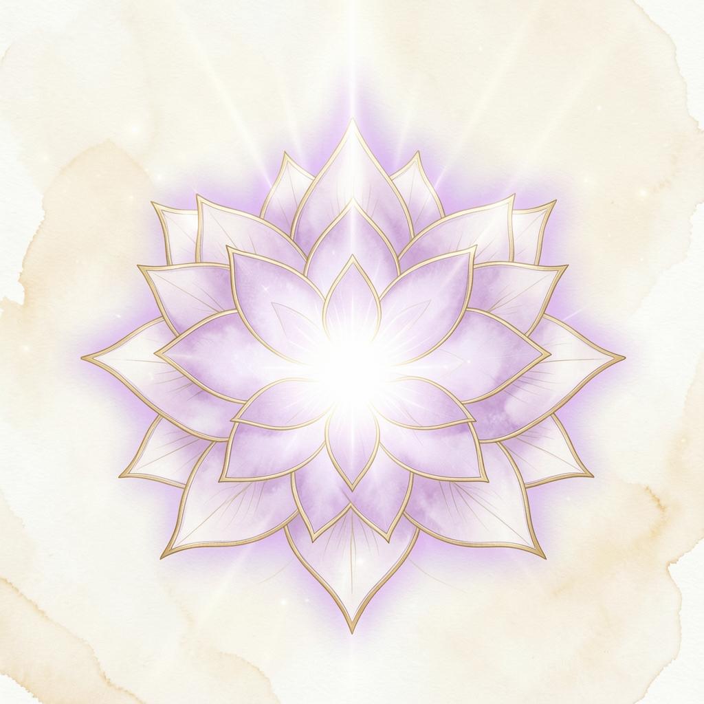 Illustration violette et dorée du chakra couronne, lotus lumineux et symbole traditionnel