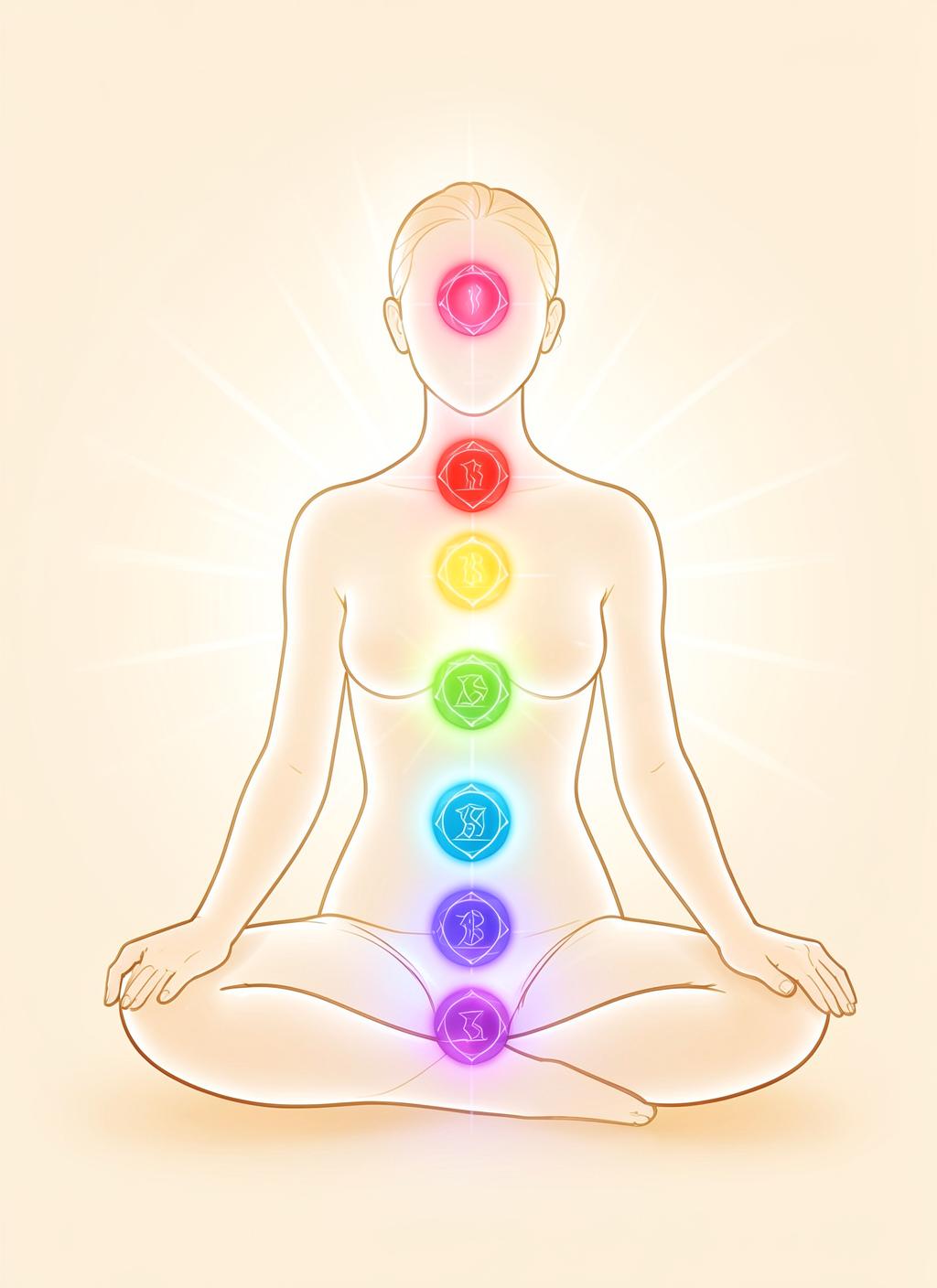Silhouette humaine translucide avec les sept chakras alignés, du rouge au violet, entourés de halos lumineux