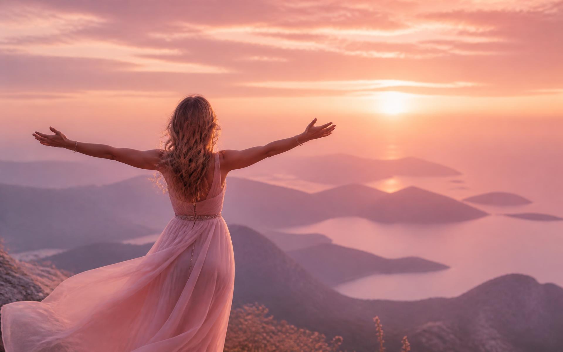 Femme en robe rose, bras ouverts face à un coucher de soleil rosé sur les collines